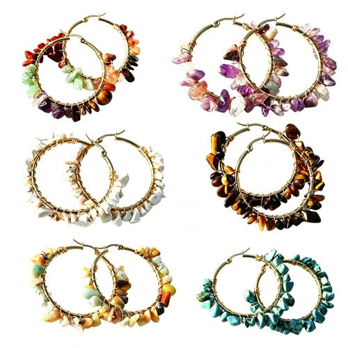 pierre gemme boucle d'oreille cercle, avec Acier inoxydable 304, Placage de couleur d'or, différents matériaux pour le choix & pour femme, 55mm, Vendu par paire