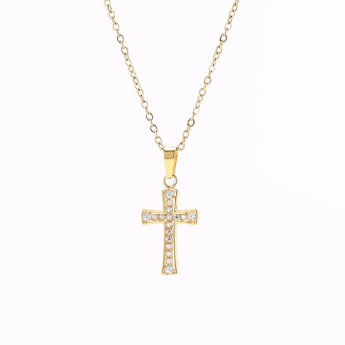 316 Stainless Steel Necklace, Cross, Vacuum Ion Plating, cross chain & micro pave cubic zirconia & for woman Approx 45 cm 