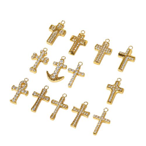 Cubic Zirconia Stainless Steel Pendant, 304 Stainless Steel, Cross, Vacuum Ion Plating, DIY & micro pave cubic zirconia Approx 2.5mm 