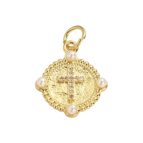Cubic Zirconia Micro Pave Brass Pendants, with Plastic Pearl, Flat Round, real gold plated, with cross pattern & DIY & micro pave cubic zirconia Approx 3.5mm 