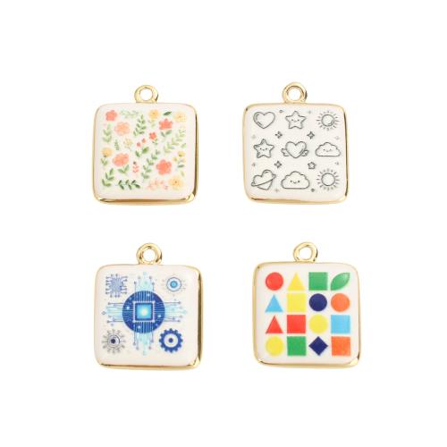 Enamel Brass Pendants, Square, real gold plated, DIY Approx 1.5mm 