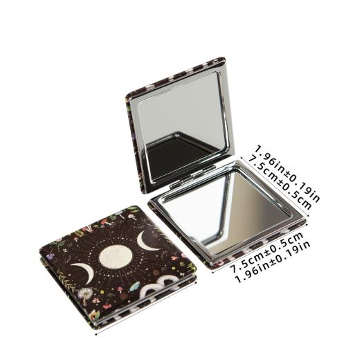 PU Leder Kosmetischer Spiegel, mit Aluminium, Quadrat, Kunstdruck, Tragbar & Reduzierbaren & doppelseitig, keine, 75x75mm, verkauft von PC[