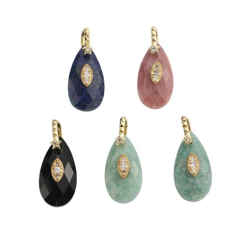 Gemstone Brass Pendants, with Gemstone, Teardrop, real gold plated, DIY & with cubic zirconia Approx 