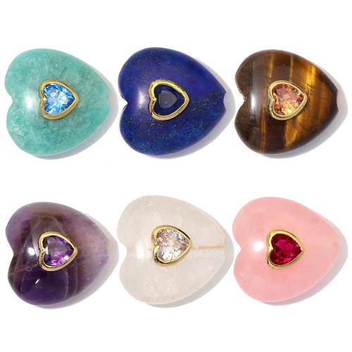 Single Gemstone Beads, Brass, with Gemstone, Heart, plated, DIY & micro pave cubic zirconia 