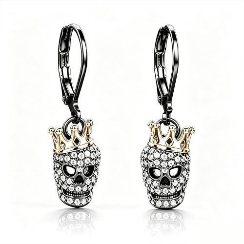 Brass Lever Back Earring, Skull, plated, Halloween Design & for woman & with rhinestone 