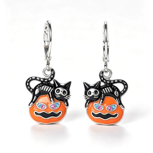 Brass Drop Earring, Pumpkin, platinum plated, Halloween Design & for woman & enamel & with rhinestone, 30mm 