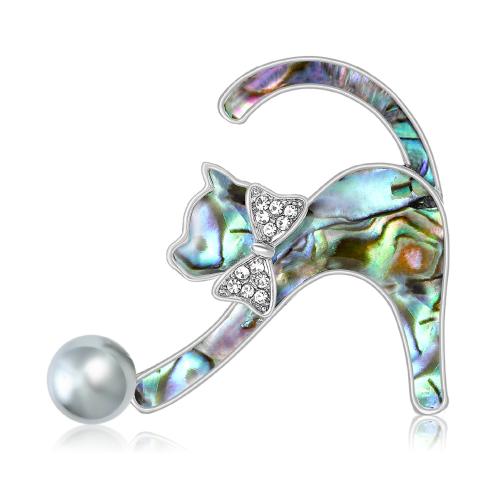 Abalone Shell Brooch, with Zinc Alloy, Cat, Unisex & with rhinestone 