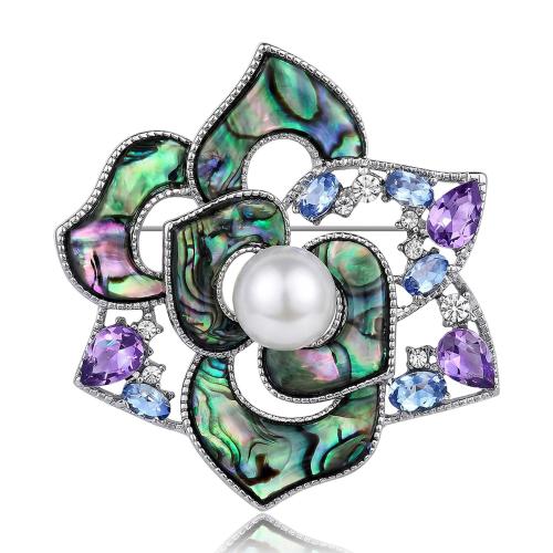 Zinc Alloy Brooch, with Abalone Shell & Plastic Pearl, Rose, platinum color plated, for woman & with rhinestone 