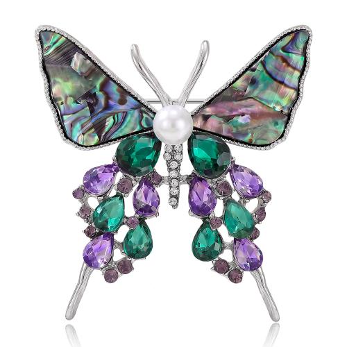 Zinc Alloy Brooch, with Abalone Shell & Plastic Pearl, Butterfly, platinum color plated, for woman & with rhinestone 