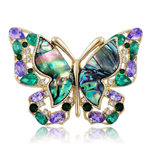 Zinc Alloy Brooch, with Abalone Shell, Butterfly, KC gold color plated, for woman & with rhinestone 