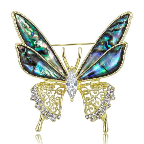 Zinc Alloy Brooch, with Abalone Shell, Butterfly, gold color plated, for woman & with rhinestone 