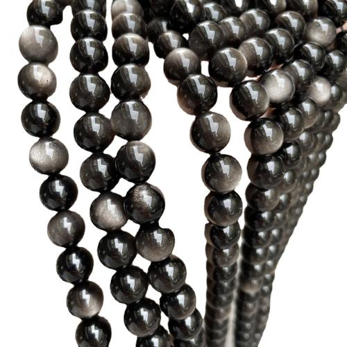 Single Gemstone Beads, Silver Obsidian, Round, DIY silver color 