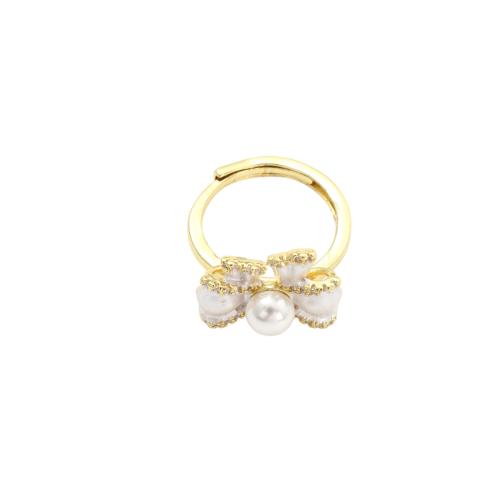 Messing Fingerring, mit Kunststoff Perlen, Schleife, goldfarben plattiert, Micro pave Zirkonia & für Frau, 25.7x20.2x14.8mm, Größe:6, verkauft von PC