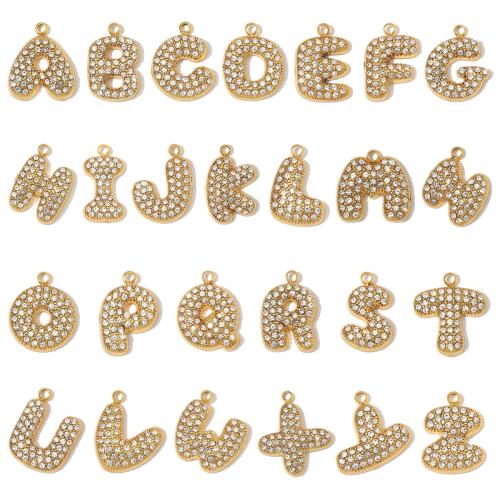 Edelstahl Buchstaben Anhänger, goldfarben plattiert, Buchstaben sind von A bis Z & DIY & verschiedene Stile für Wahl & mit Strass, keine, 13x15mm, Bohrung:ca. 1.8mm, 3PCs/Tasche, verkauft von Tasche