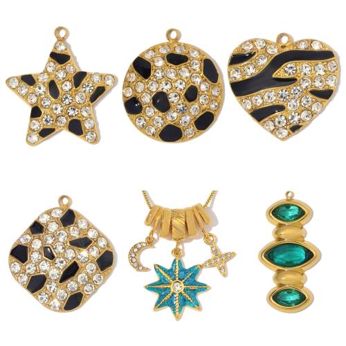 Rhinestone Stainless Steel Pendants, gold color plated, DIY & enamel & with rhinestone 