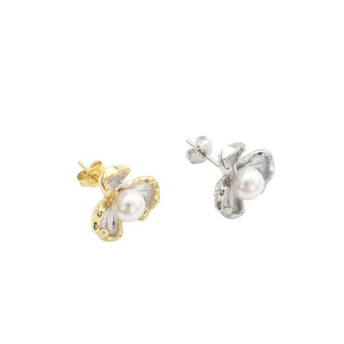 Brass Earring Stud Component, with Plastic Pearl, plated, DIY 