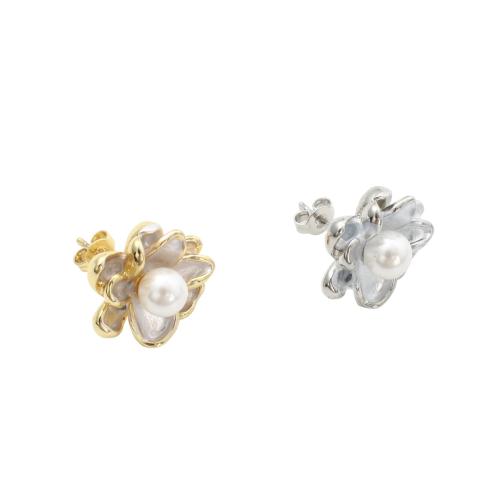 Brass Earring Stud Component, with Plastic Pearl, Flower, plated, for woman 
