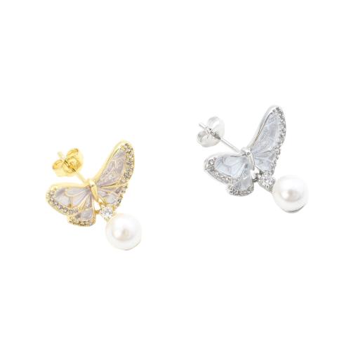 Brass Earring Stud Component, with Plastic Pearl, Butterfly, plated, micro pave cubic zirconia & for woman 