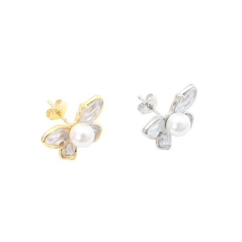 Brass Earring Stud Component, with Plastic Pearl, Butterfly, plated, DIY 