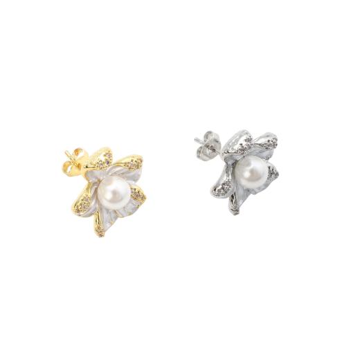 Brass Earring Stud Component, with Plastic Pearl, Flower, plated, DIY 