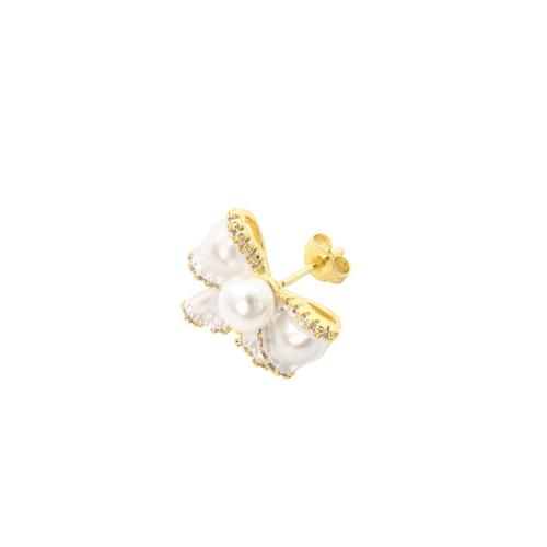 Brass Earring Stud Component, with Plastic Pearl, Bowknot, gold color plated, DIY 