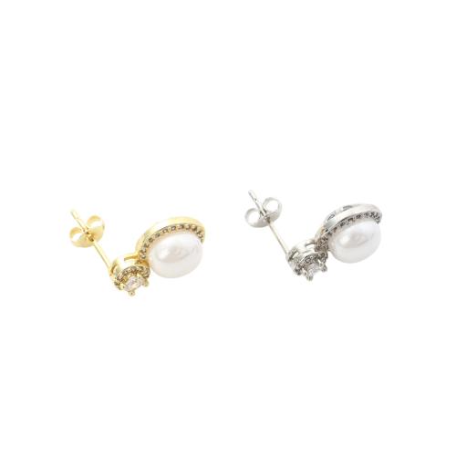 Brass Earring Stud Component, with Plastic Pearl, plated, DIY 