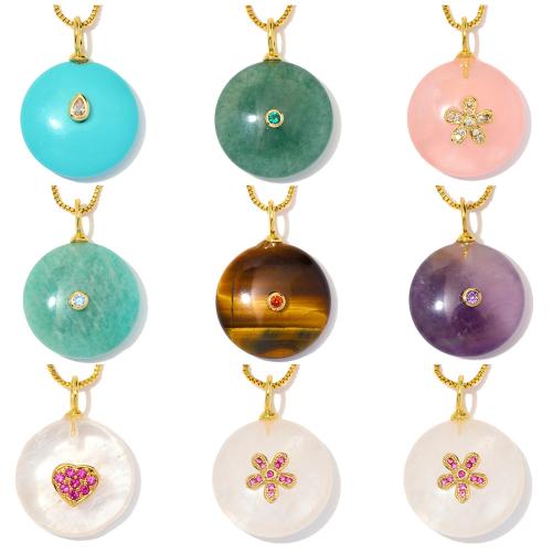 Gemstone Brass Pendants, with Natural Stone, gold color plated, DIY & with cubic zirconia 