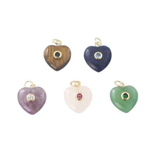 Gemstone Brass Pendants, with Gemstone, Heart, gold color plated, DIY & micro pave cubic zirconia 