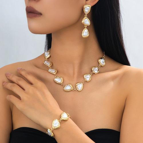 Zinc Alloy Jewelry Set, bracelet & earring & necklace, with Plastic Pearl, gold color plated, vintage & three pieces & for woman 