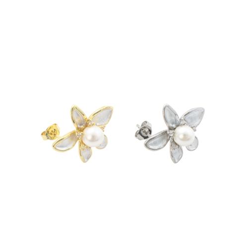 laiton boucle d oreille dormeuse, avec perle de plastique, fleur, Placage, bijoux de mode & pavé de micro zircon & pour femme & émail, plus de couleurs à choisir Vendu par paire