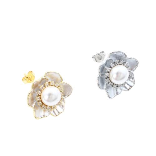 laiton boucle d oreille dormeuse, avec perle de plastique, fleur, Placage, pavé de micro zircon & pour femme & émail, plus de couleurs à choisir Vendu par paire