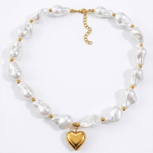 Resin Necklace, Stainless Steel, with Resin Pearl, gold color plated, fashion jewelry & for woman, white Approx 42 cm 