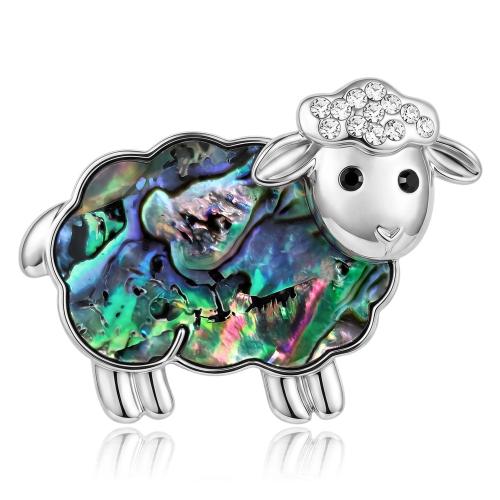 Zinc Alloy Brooch, with Abalone Shell, Sheep, platinum color plated, for woman & with rhinestone 