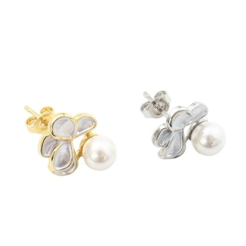 Brass Stud Earring, with Plastic Pearl, plated, fashion jewelry & for woman 