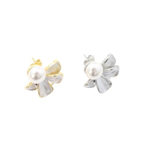 Brass Stud Earring, with Plastic Pearl, Flower, plated, fashion jewelry & for woman 