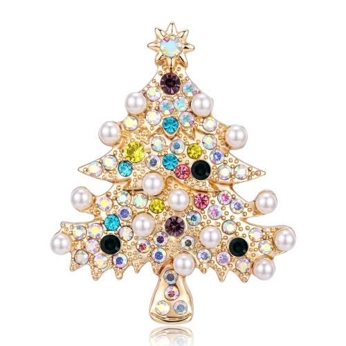 Zinc Alloy Brooch, with Plastic Pearl, Christmas Tree, KC gold color plated, for woman & with rhinestone 