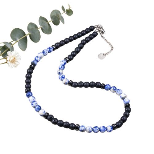 Blue Speckle Stone Necklace, with Lava, with 5cm extender chain, Round, handmade, fashion jewelry & Unisex, beads size 6mm Approx 45 cm 