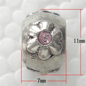 grano Europeo de aleación Zinc con diamante, aleación de zinc, Tambor, chapado, con patrón de flores & sin rosca & con diamantes de imitación, más colores para la opción, 7x11mm, agujero:aproximado 4.5mm, Vendido por UD