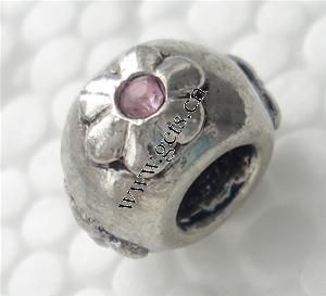 grano Europeo de aleación Zinc con diamante, aleación de zinc, Tambor, chapado, con patrón de flores & sin rosca & con diamantes de imitación, más colores para la opción, 7x11mm, agujero:aproximado 4.5mm, Vendido por UD