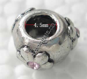 grano Europeo de aleación Zinc con diamante, aleación de zinc, Tambor, chapado, con patrón de flores & sin rosca & con diamantes de imitación, más colores para la opción, 7x11mm, agujero:aproximado 4.5mm, Vendido por UD