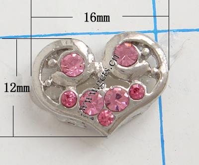 Barra separadora de diamantes de imitación, con aleación de zinc, Corazón, chapado, enchapado grueso más que los 3μm & con diamantes de imitación de Mideast & 2-sarta, más colores para la opción, libre de níquel, 16x12mm, Vendido por UD