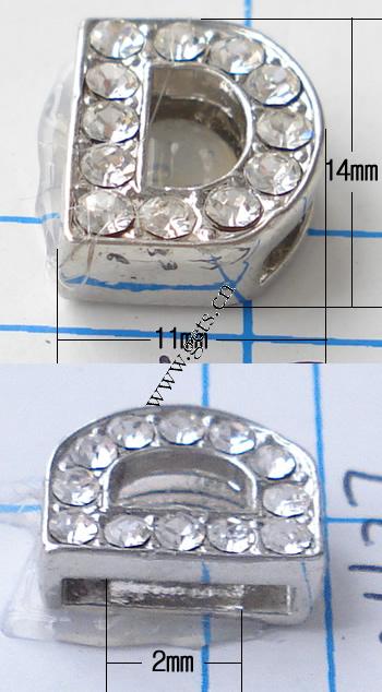 亜鉛合金レタースライドチャーム, 亜鉛合金, アルファベットD, メッキ, 中東ラインストーン入り, 無色, ニッケルフリー, 14x11mm, 売り手 パソコン