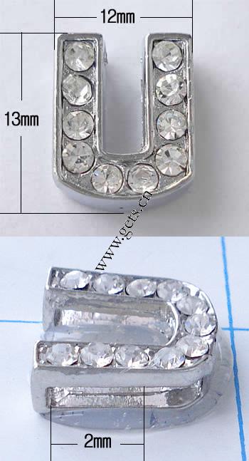 Цинковый сплав Письмо шарм скольжения, цинковый сплав, Буква U, Другое покрытие, Покрытие толщиной более 3 мкм & с Ближнем Востоке горный хрусталь, Много цветов для выбора, не содержит никель, Оценка, 13x12mm, отверстие:Приблизительно 2mm, продается PC