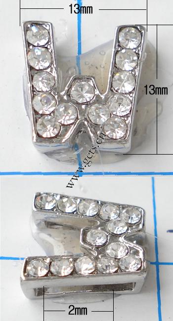 Цинковый сплав Письмо шарм скольжения, цинковый сплав, Буква W, Другое покрытие, с Ближнем Востоке горный хрусталь, Много цветов для выбора, не содержит никель, свинец, Оценка, 13x13mm, отверстие:Приблизительно 2mm, продается PC