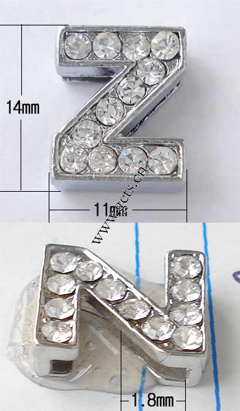 亜鉛合金レタースライドチャーム, 亜鉛合金, アルファベットZ, メッキ, 中東ラインストーン入り, 無色, ニッケル、鉛、カドミウムフリー, グレードA, 14x11mm, 穴:約 1.8mm, 売り手 パソコン
