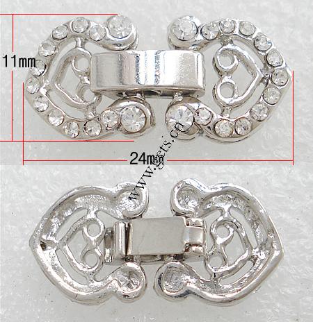 Zink Legierung Uhren Armband Verschluss, Zinklegierung, Herz, plattiert, mit Strass, keine, frei von Nickel, Blei & Kadmium, 24x11mm, verkauft von PC