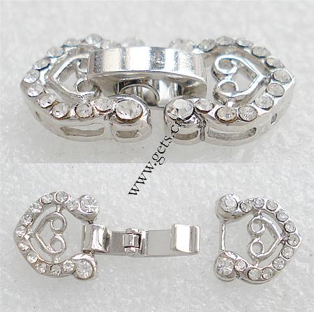 Zink Legierung Uhren Armband Verschluss, Zinklegierung, Herz, plattiert, mit Strass, keine, frei von Nickel, Blei & Kadmium, 24x11mm, verkauft von PC