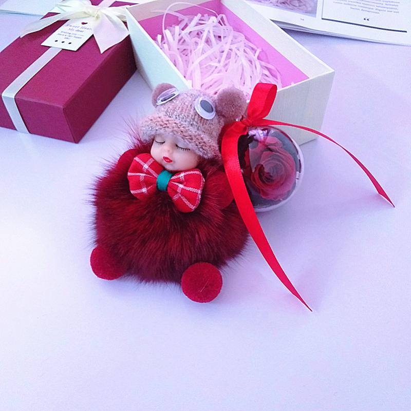 Burgundy doll + rose ball (immortal flower) gift b