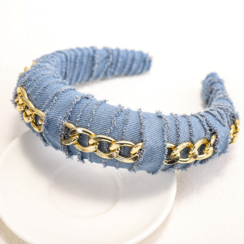 6:4cm wide light blue denim chain wound sponge hair hoop