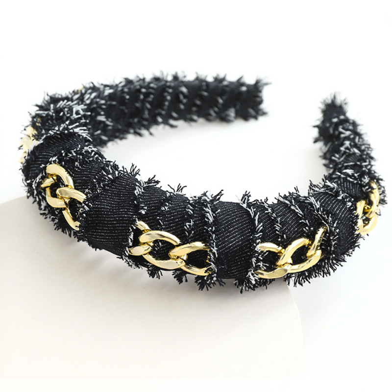 9:4cm wide black denim chain wound sponge hair hoop